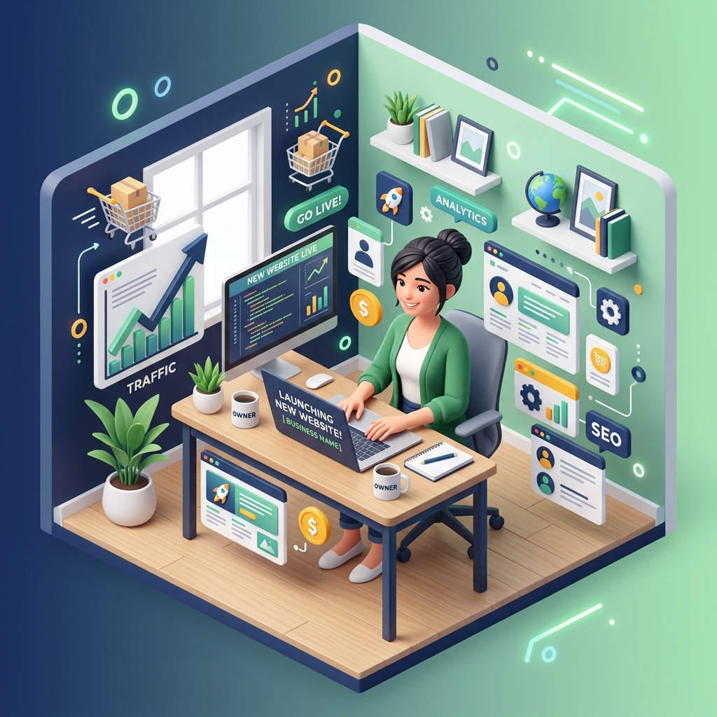 Ilustrasi Pebisnis UMKM Sukses dengan Website Baru